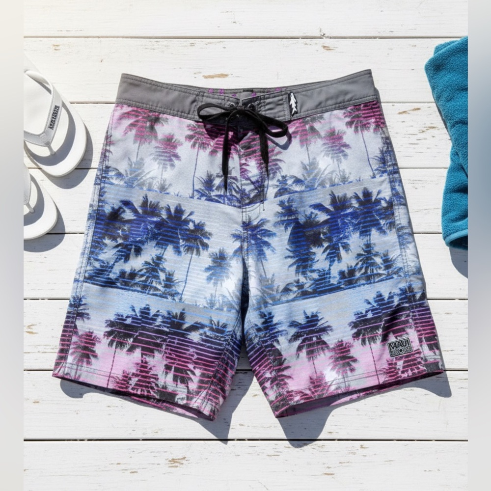 MAUI AND SONS Men’s Tropical Palm Tree Retro Print 4-Way Stretch Board Shorts